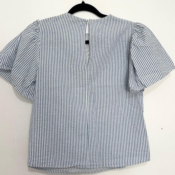 Zara striped blue blouse with lace floral cutout details mesh pin stripe size XS - Picture 4 of 5